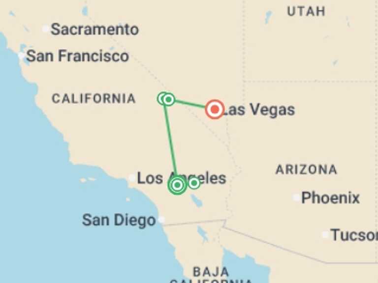 Map of a Adventure and sport Tour with 3 destination visits for the trip: Palm Springs, Joshua Tree & Death Valley 2027 - 7 days