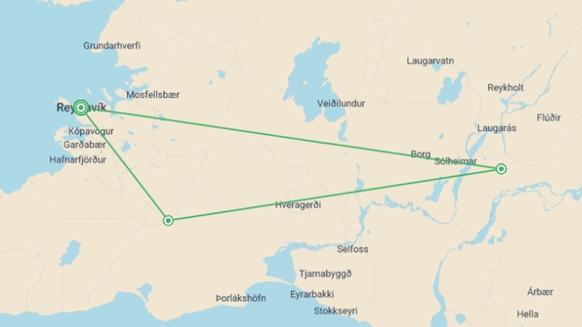 A map showing the tour itinerary for the trip: Iceland Northern Lights & Golden Circle, starting in Reykjavik, Iceland and ending in Reykjavik, Iceland going through 2 other destinations.