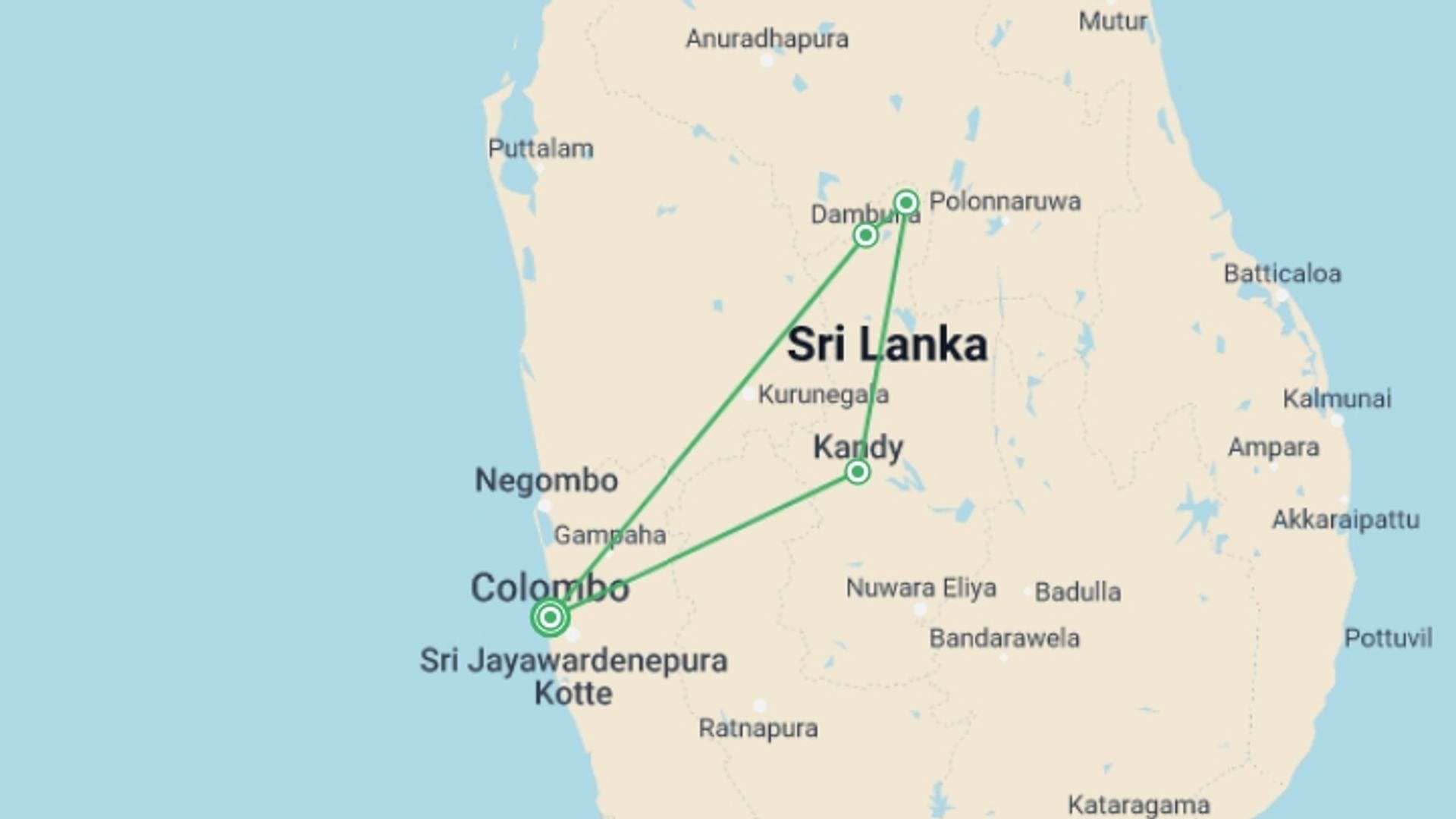 A map showing the tour itinerary for the trip: A Glimpse Of Culture, starting in Colombo, Sri Lanka and ending in Colombo, Sri Lanka going through 1 other destinations.