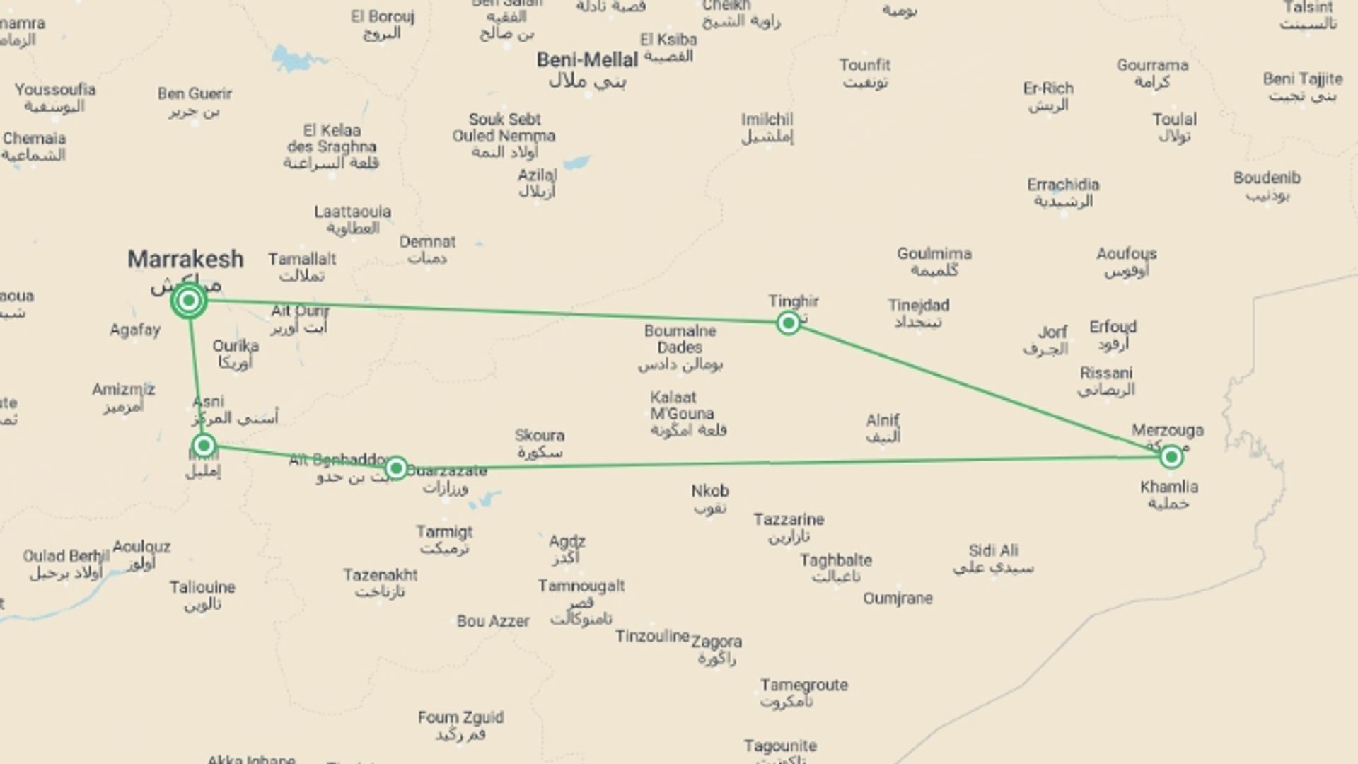 A map showing the tour itinerary for the trip: One Week in Morocco: Sahara & Todra Gorge, starting in Marrakech, Morocco and ending in Marrakech, Morocco going through 4 other destinations.
