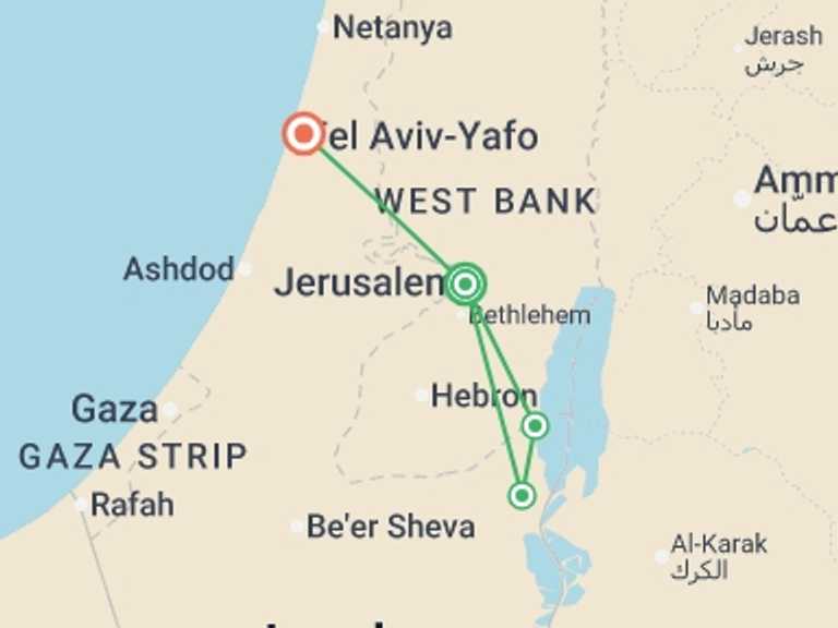 Map itinerary of Jerusalem Tour in October 2025 with 2 destination visits for the trip: Jerusalem & Tel Aviv Adventure 7D/6N