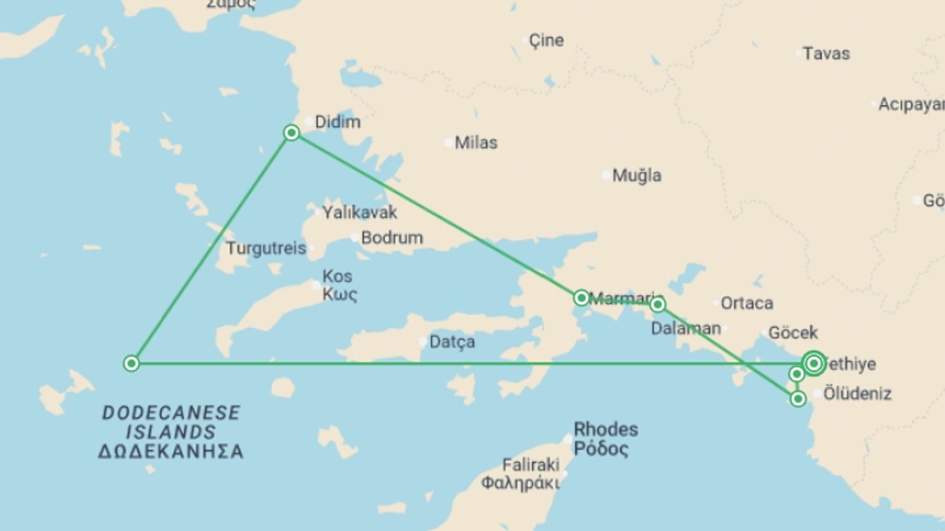A map showing the tour itinerary for the trip: Greek Islands: Sunsets & Sea Breezes, starting in Fethiye, Turkey and ending in Fethiye, Turkey going through 2 other destinations.
