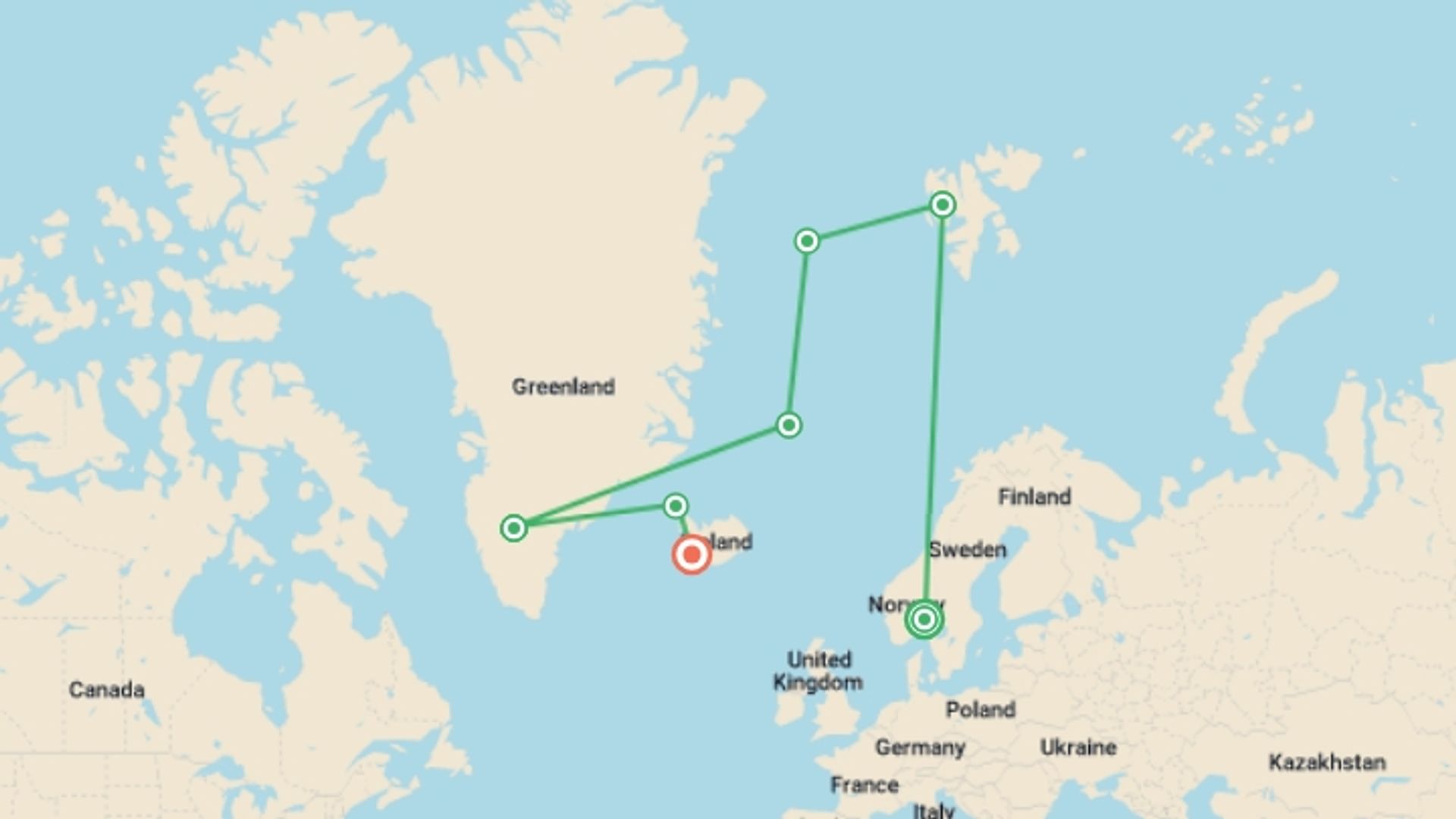 A map showing the tour itinerary for the trip: Spitsbergen, Greenland and Iceland - M/V Greg Mortimer, starting in Oslo, Norway and ending in Reykjavik, Iceland going through 6 other destinations.