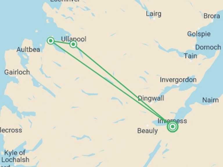 Map of Europe Adventure Tour with 3 destination visits for the trip: 3 Days / 2 Nights - Ullapool Walking Adventure