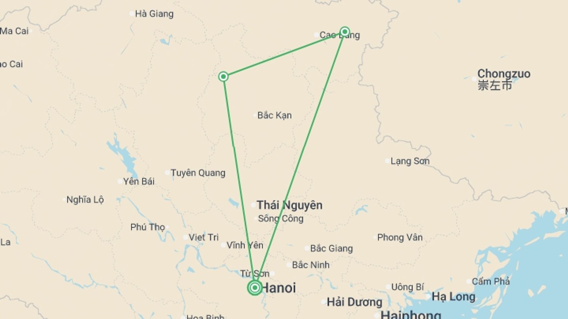 A map showing the tour itinerary for the trip: Ba Be Lake & Ban Gioc Waterfall Adventure 3D/2N, starting in Hanoi, Vietnam and ending in Hanoi, Vietnam going through 3 other destinations.