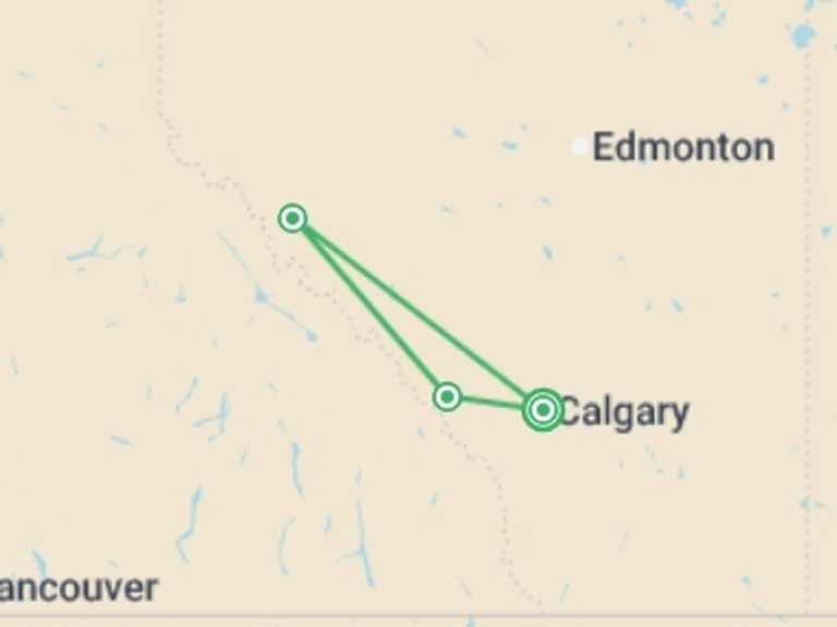 Map itinerary of Canada Tour in August 2027 with 3 destination visits for the trip: Canada's Rockies
