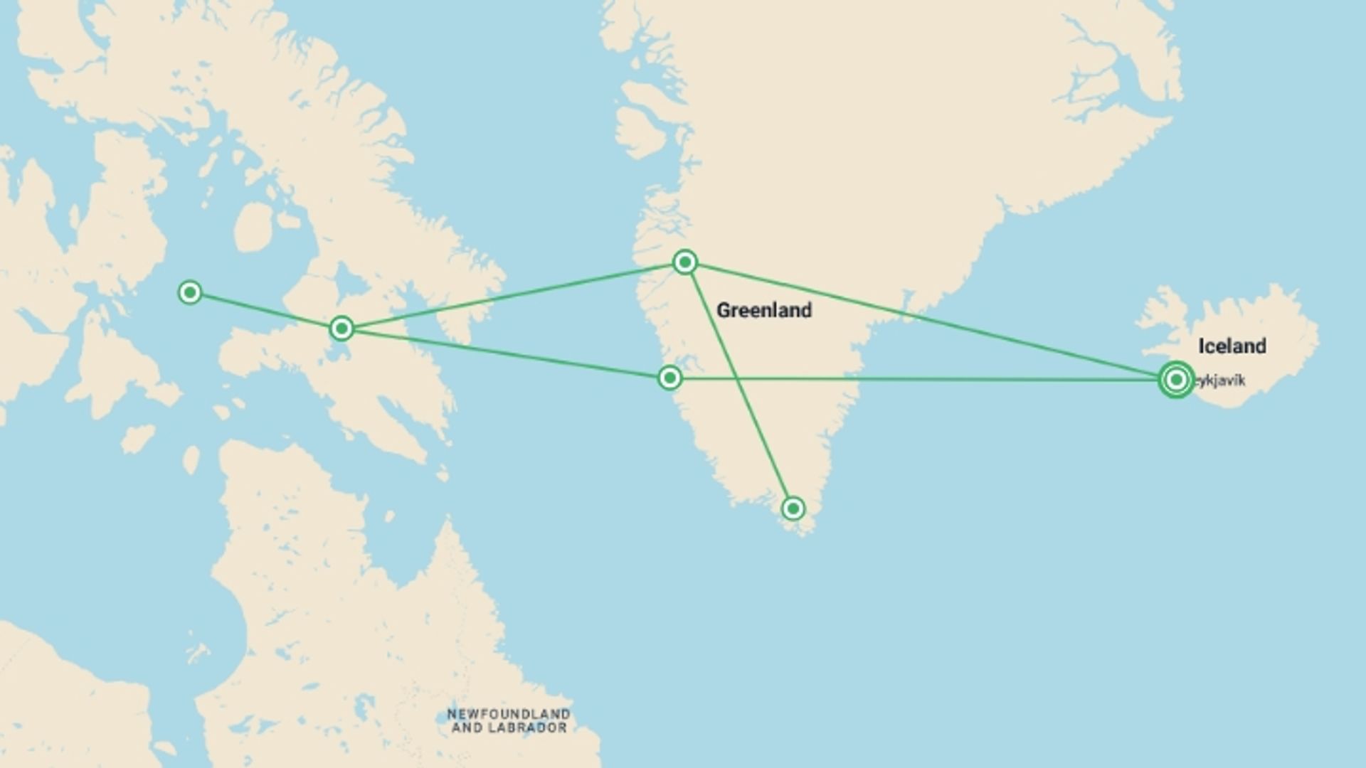 A map showing the tour itinerary for the trip: Northwest Passage: The Legendary Arctic Sea Route (Ultramarine), starting in Reykjavik, Iceland and ending in Reykjavik, Iceland going through 3 other destinations.