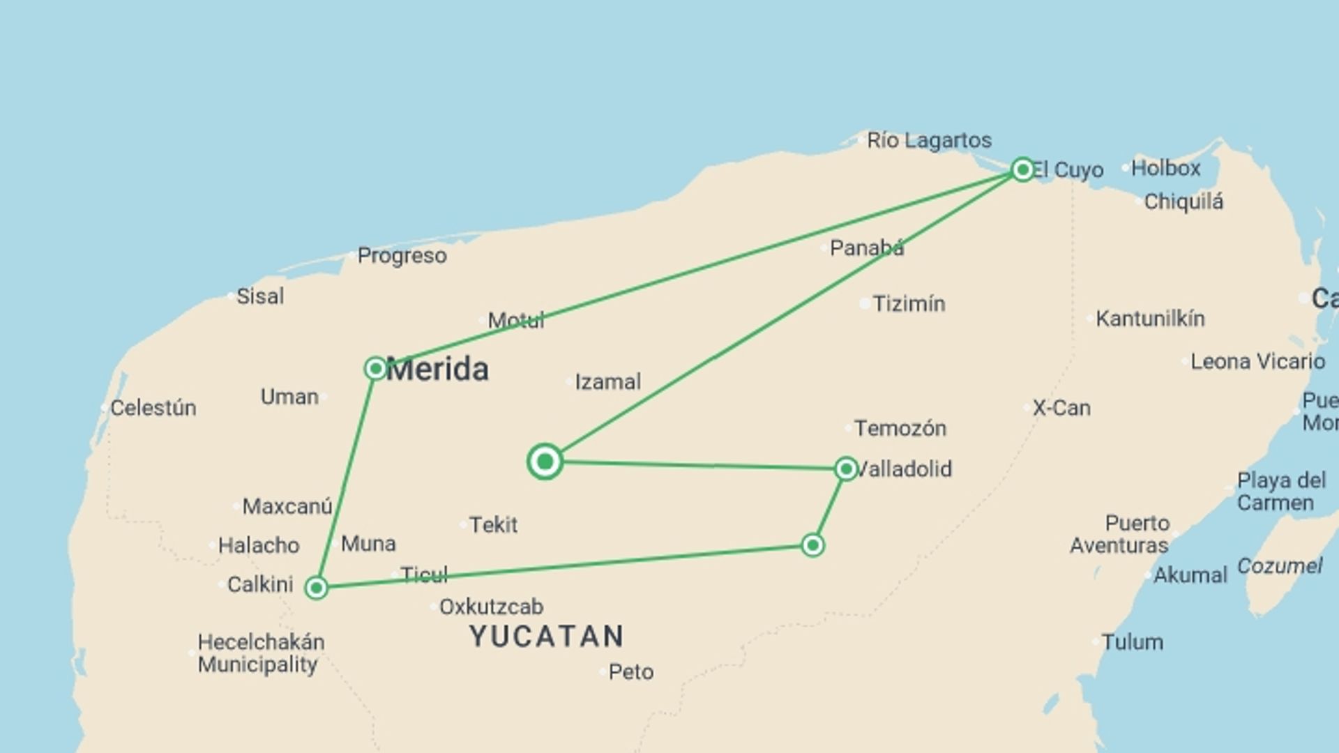 A map showing the tour itinerary for the trip: Mexico's Yucatán Adventure, starting in Yucatan, Mexico and ending in Yucatan, Mexico going through 5 other destinations.