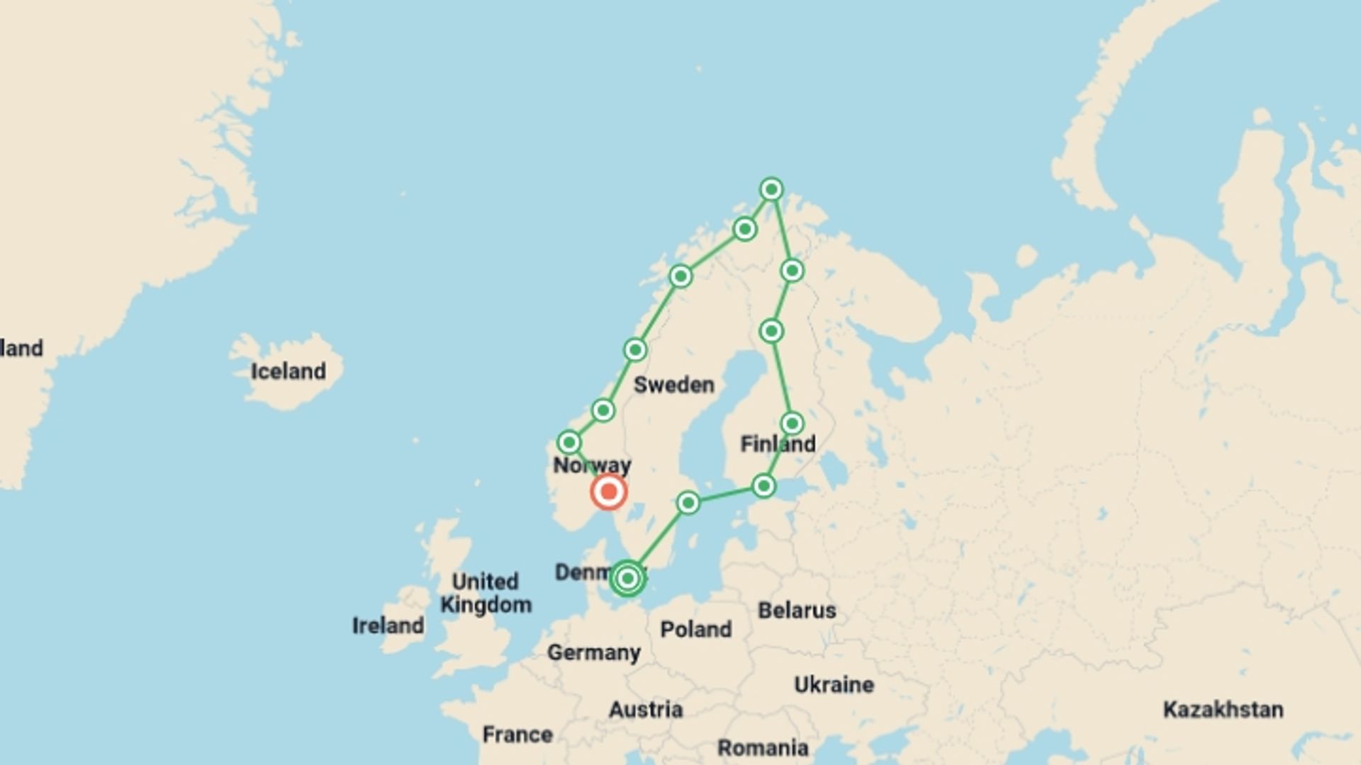 A map showing the tour itinerary for the trip: Grand Scandinavia, starting in Copenhagen, Denmark and ending in Oslo, Norway going through 12 other destinations.