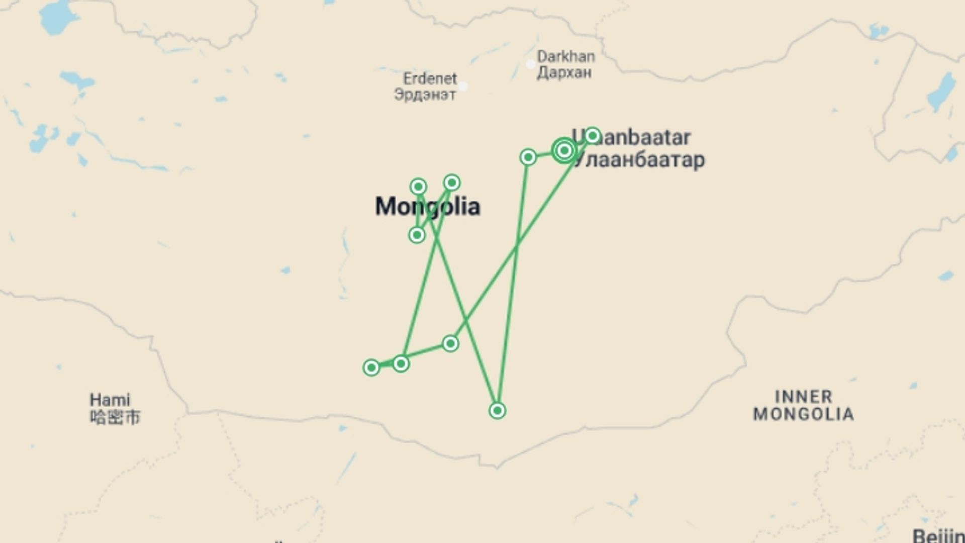 A map showing the tour itinerary for the trip: Discover Mongolia, starting in Ulaanbaatar, Mongolia and ending in Ulaanbaatar, Mongolia going through 9 other destinations.