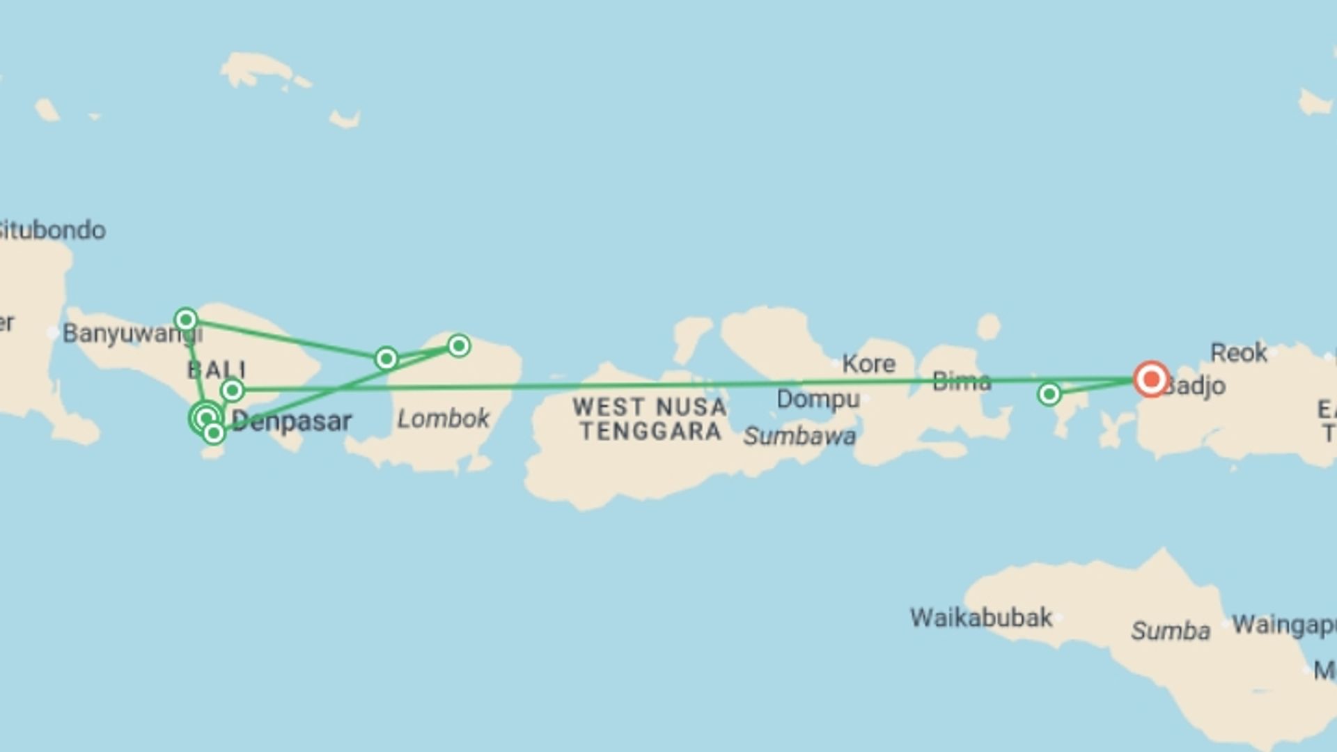 A map showing the tour itinerary for the trip: Bali, Lombok & Komodo  - 19 days, starting in Canggu, Indonesia and ending in Labuan Bajo, Indonesia going through 6 other destinations.