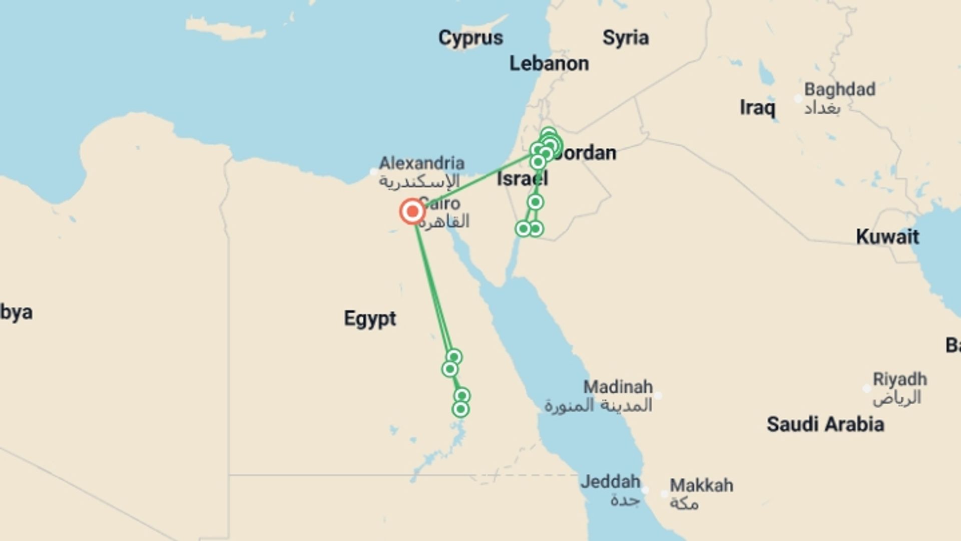 A map showing the tour itinerary for the trip: Jordan and Egypt with Nile Cruise, starting in Amman, Jordan and ending in Cairo, Egypt going through 7 other destinations.