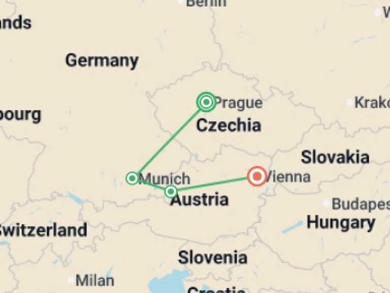 Map of 7-Day Prague Tour with 4 destination visits for the trip: Prague, Munich and Austria