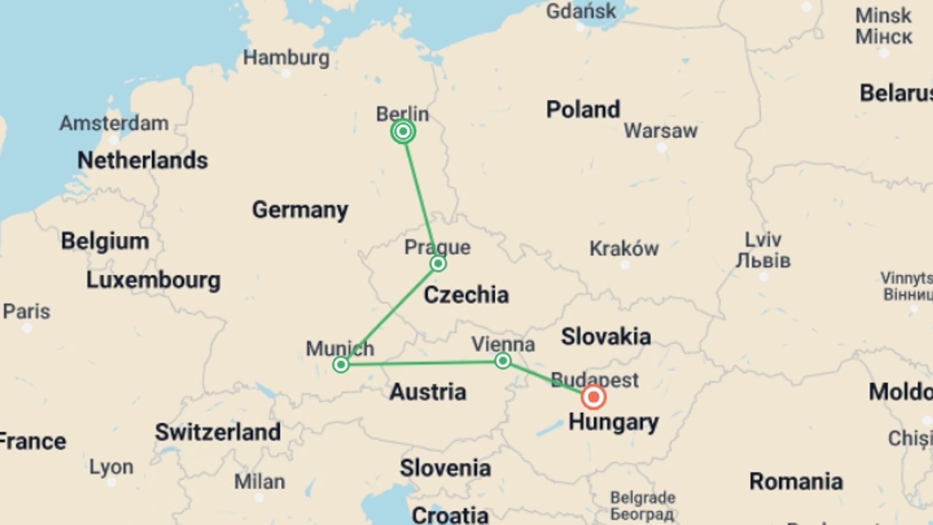 A map showing the tour itinerary for the trip: Magical Europe : Berlin to Budapest (4 Star Hotels), starting in Berlin, Germany and ending in Budapest, Hungary going through 3 other destinations.