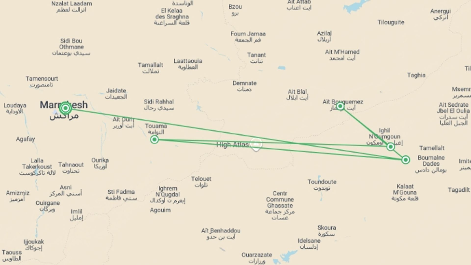 A map showing the tour itinerary for the trip: Morocco: Women's Expedition, starting in Marrakech, Morocco and ending in Marrakech, Morocco going through 4 other destinations.