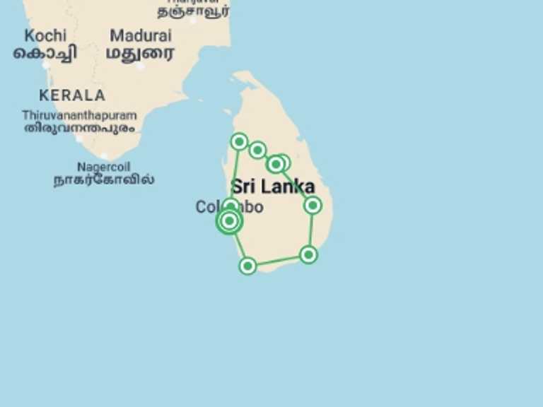 Map of Sri Lanka Tour with 7 destination visits for the trip: Connected To The Wild, Private Tour