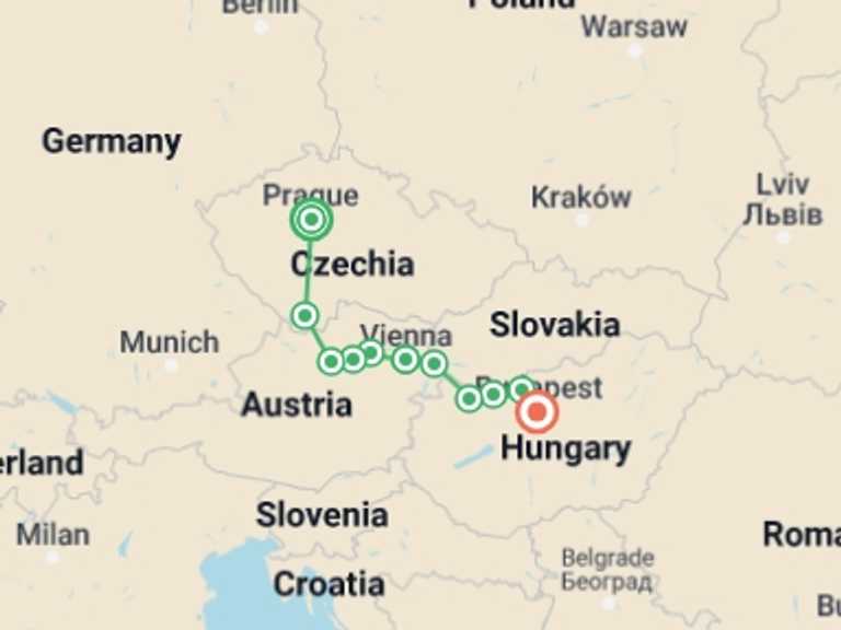 Map itinerary of Vienna Tour in June 2027 with 11 destination visits for the trip: Cycle Central Europe & the Danube