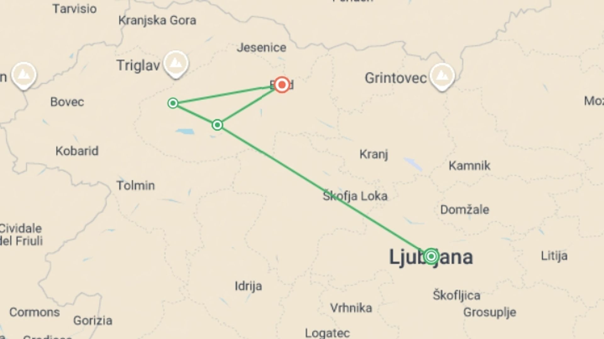 A map showing the tour itinerary for the trip: Slovenia: Hike, Bike & Raft, starting in Ljubljana, Slovenia and ending in Bled, Slovenia going through 2 other destinations.