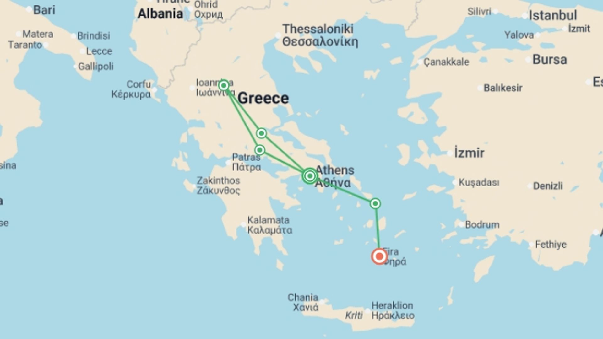 A map showing the tour itinerary for the trip: Best of Greece - 9 Days, starting in Athens, Greece and ending in Santorini, Greece going through 2 other destinations.