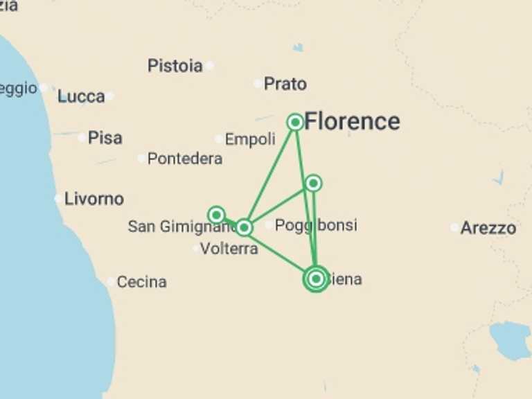 Map of Italy Tour with 5 destination visits for the trip: Tuscany Walks & Chianti Wines