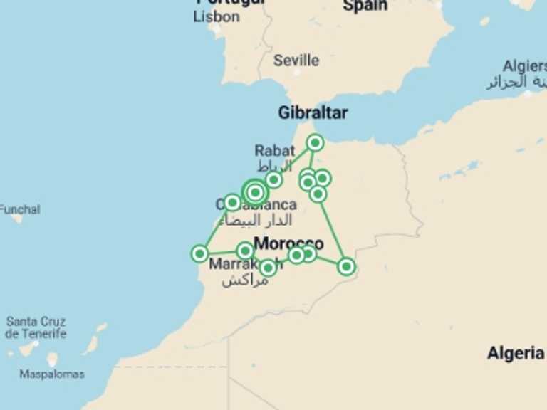 Map itinerary of Africa Tour in Fall with 12 destination visits for the trip: 10 Days Morocco Imperial Tour And Desert From Casablanca