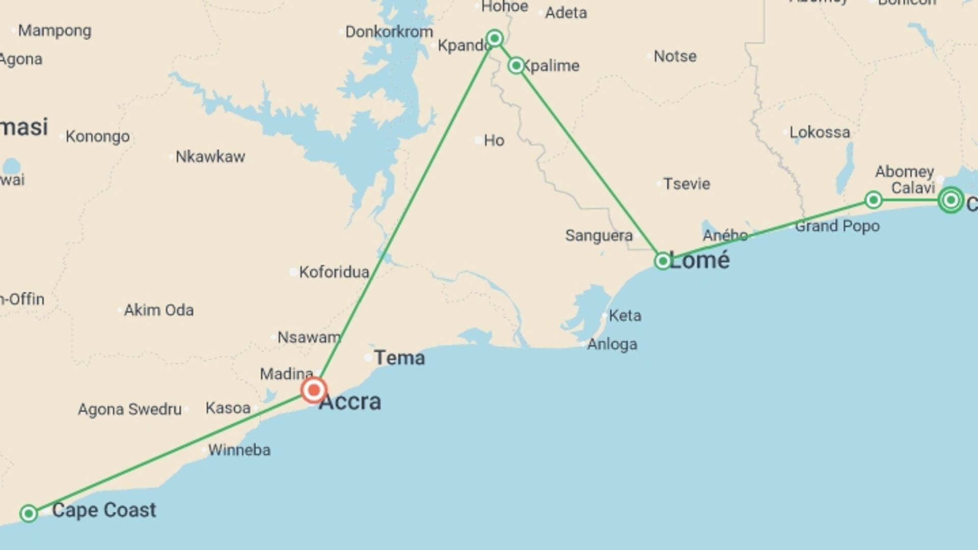 A map showing the tour itinerary for the trip: Benin, Togo & Ghana Adventure, starting in Cotonou, Benin and ending in Accra, Ghana going through 5 other destinations.