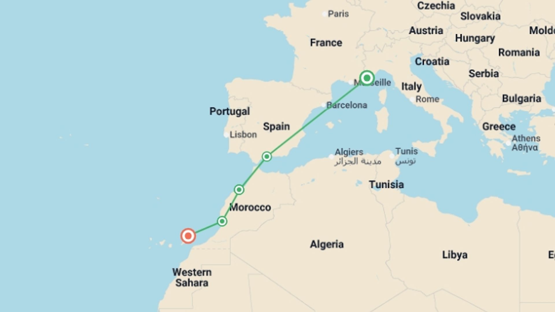 A map showing the tour itinerary for the trip: Splendors of Moorish Art - The Imperial Cities of Morocco (port-to-port package), starting in Nice, France and ending in Malaga, Spain going through 3 other destinations.