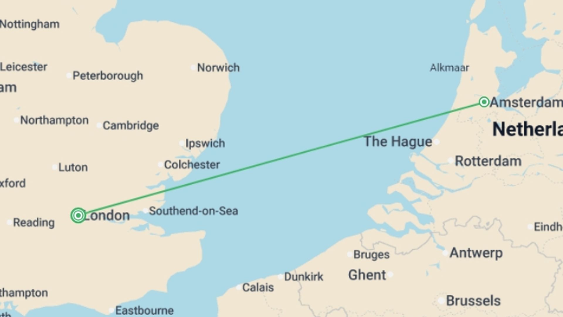 A map showing the tour itinerary for the trip: Amsterdam for New Year, starting in London, England and ending in London, England going through 1 other destinations.