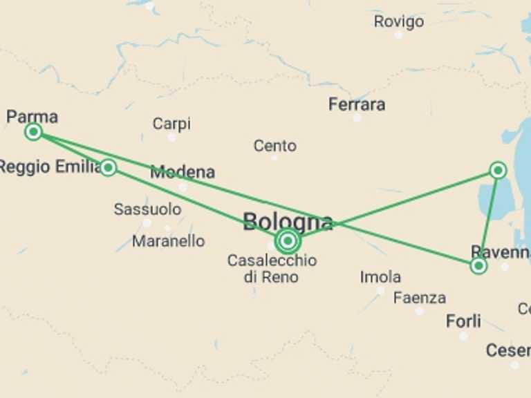 Map of Italy Active and outdoor Tour with 5 destination visits for the trip: A Taste of Italy - Walking in Emilia Romagna