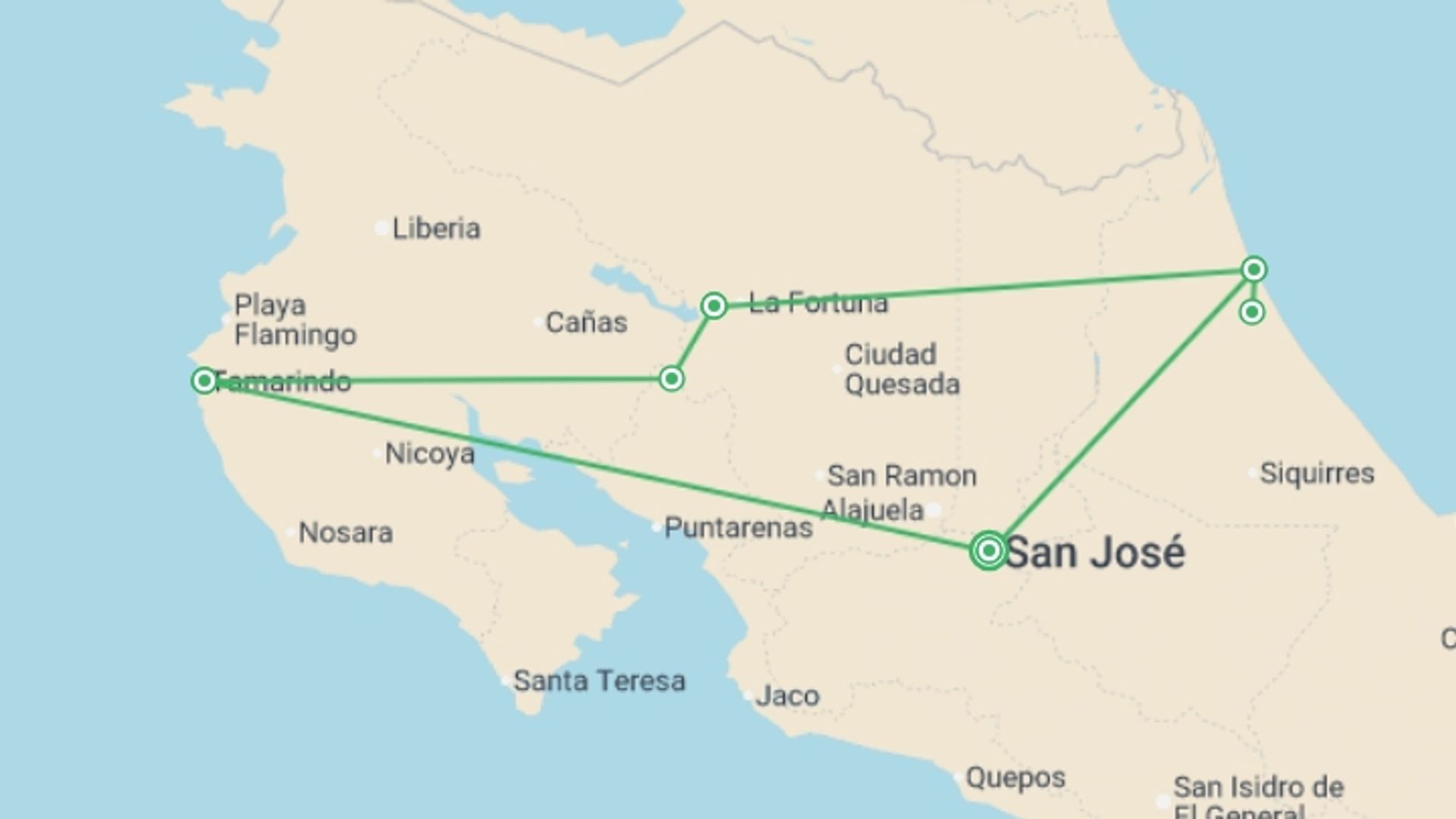A map showing the tour itinerary for the trip: Costa Rica: Love In The Jungle, starting in San Jose, Costa Rica and ending in San Jose, Costa Rica going through 6 other destinations.