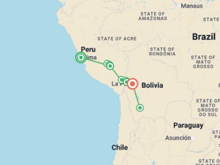 Map itinerary of South America Tour in February 2026 with 7 destination visits for the trip: Peru & Bolivia Discovery - 13 days