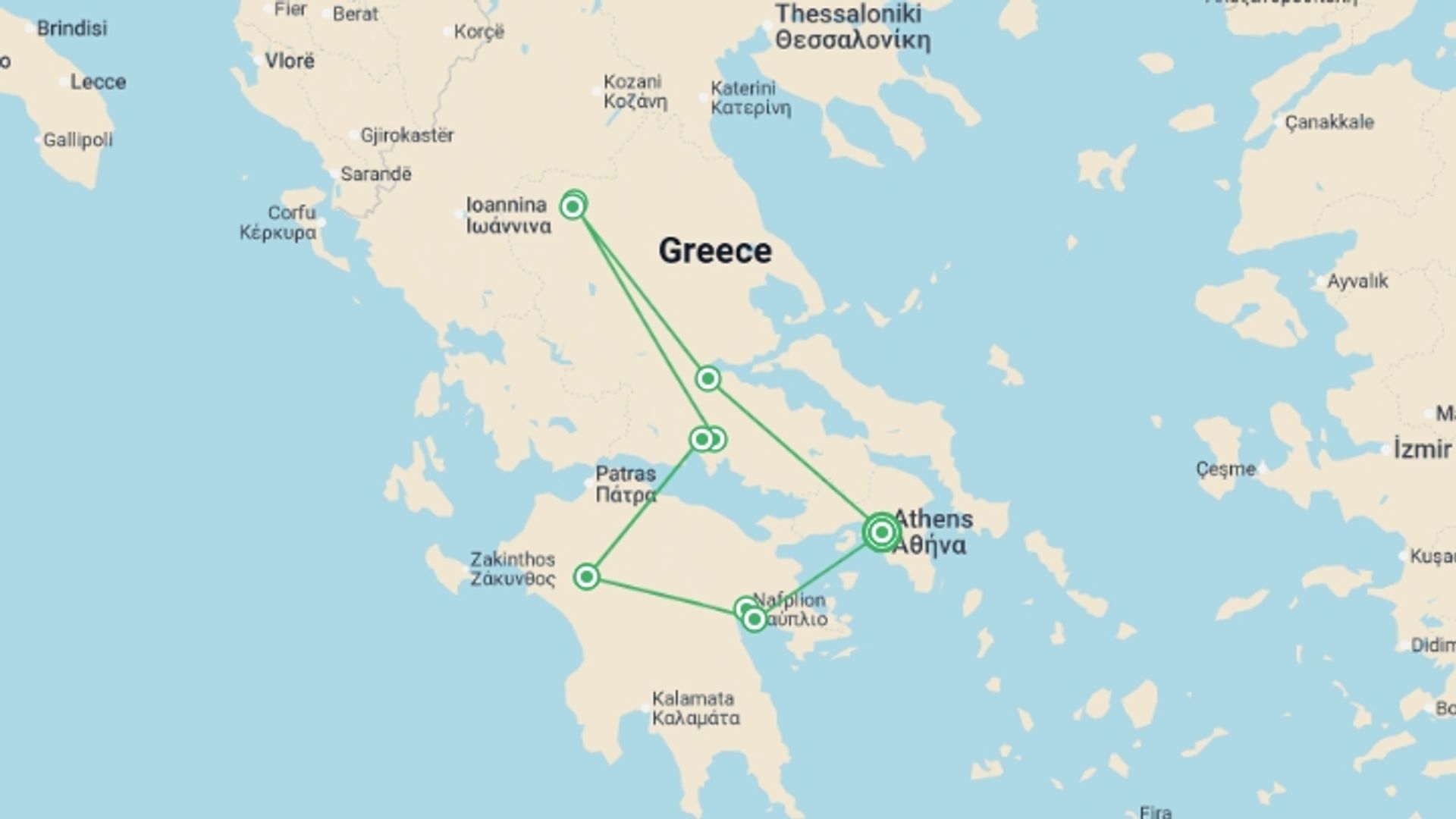 A map showing the tour itinerary for the trip: Classical Greece , starting in Athens, Greece and ending in Athens, Greece going through 4 other destinations.