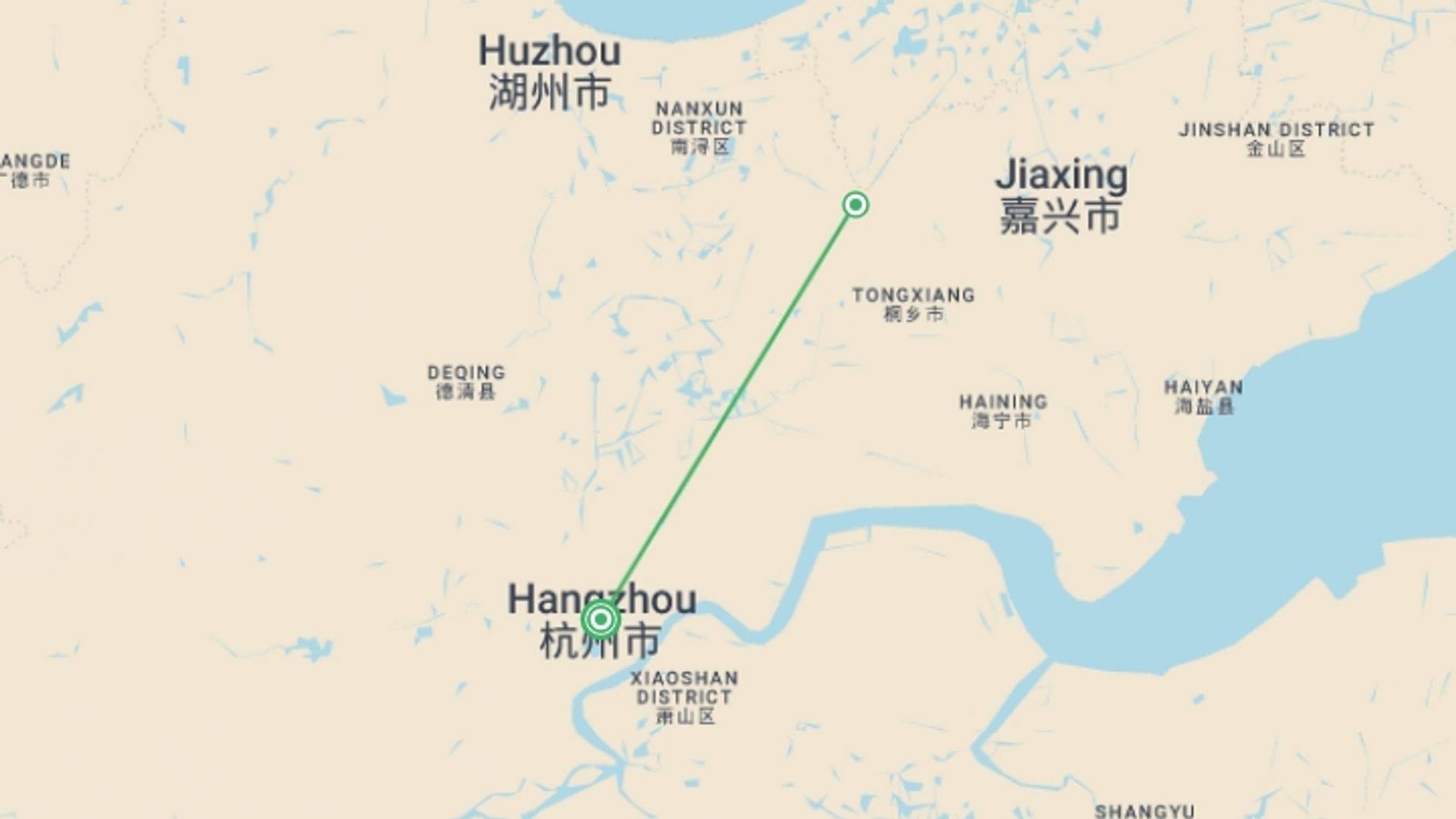 A map showing the tour itinerary for the trip: Private Hangzhou & Wuzhen Water Town trip, starting in West Lake and Hangzhou, China and ending in West Lake and Hangzhou, China going through 1 other destinations.