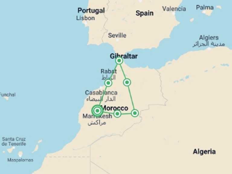 Map of 8-Day Marrakech Tour with 6 destination visits for the trip: Fable of Morocco ROT