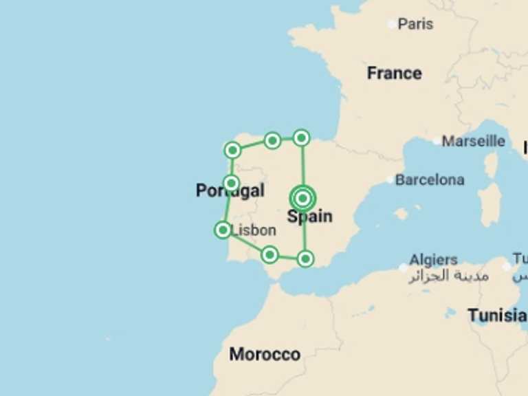 Map itinerary of Mediterranean Tour in Winter with 8 destination visits for the trip: Madrid, Portugal and North of Spain
