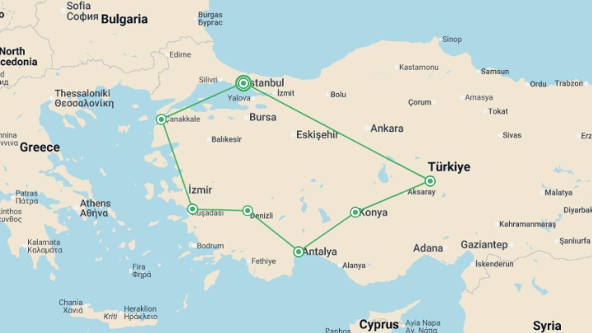 A map showing the tour itinerary for the trip: Journeys: Discover Turkey, starting in Istanbul, Turkey and ending in Istanbul, Turkey going through 6 other destinations.