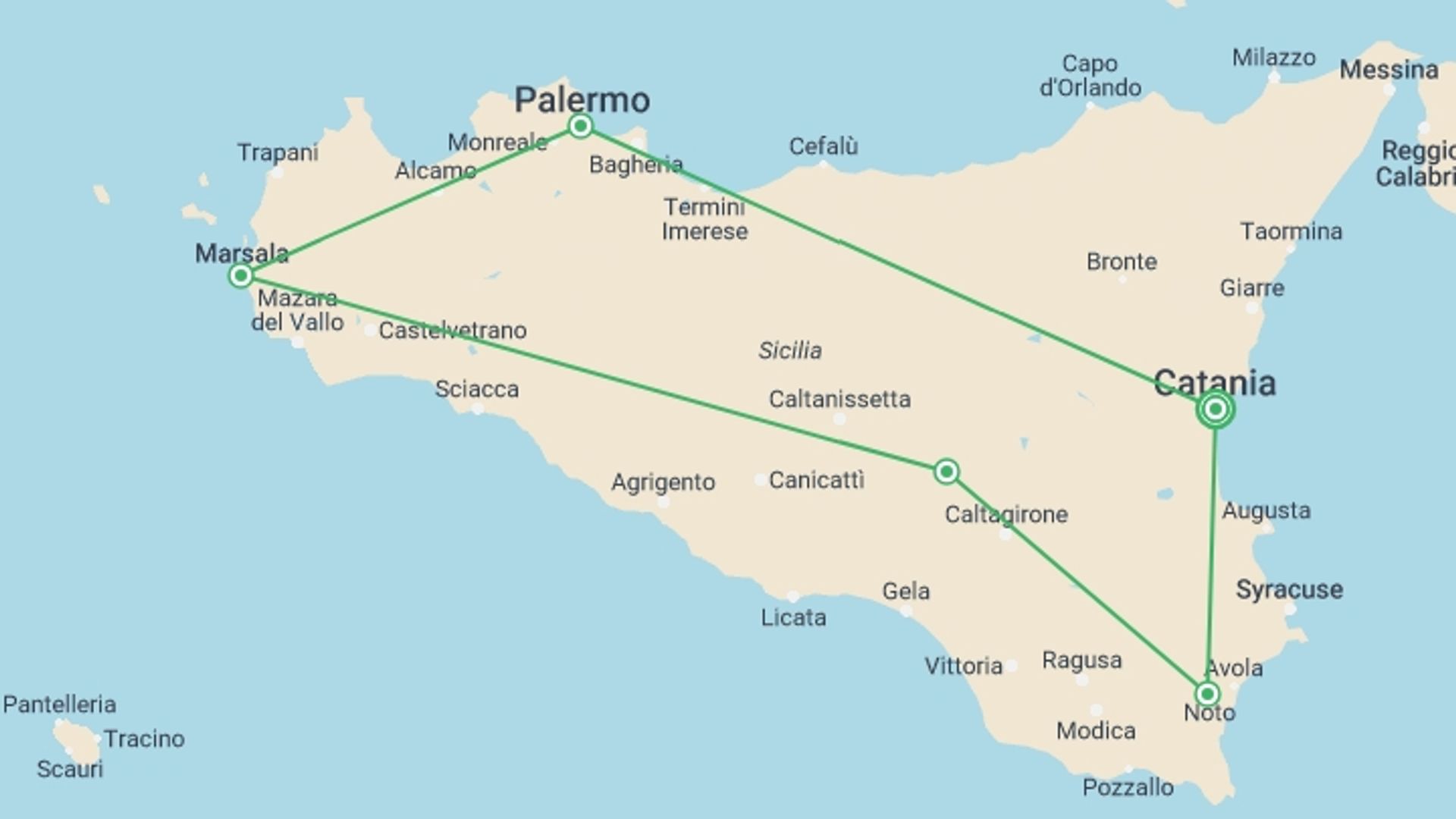A map showing the tour itinerary for the trip: Classical Sicily - 8 Days, starting in Catania, Italy and ending in Catania, Italy going through 5 other destinations.