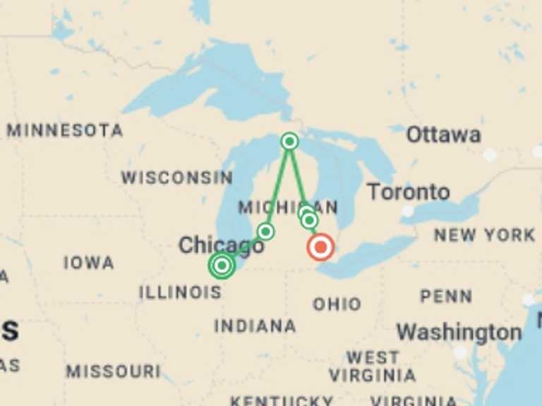 Map of Chicago City sightseeing Tour with 2 destination visits for the trip: Mackinac Island 