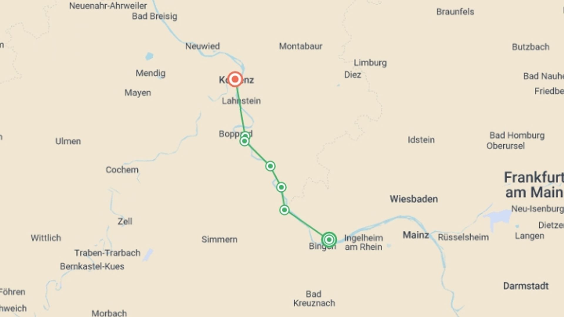 A map showing the tour itinerary for the trip: Rhine River and Castles Walk, starting in Rüdesheim, Germany and ending in Koblenz, Germany going through 5 other destinations.