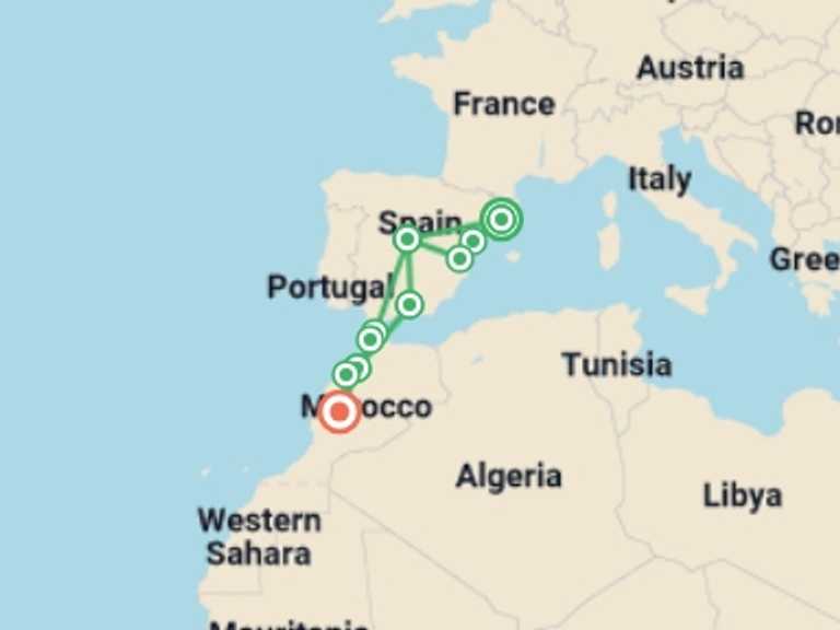 Map of 9-Day Marrakech Tour with 5 destination visits for the trip: Spain and Magical Morocco end Marrakesh
