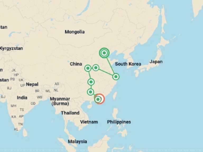 Map itinerary of Xian Tour in March 2026 with 9 destination visits for the trip: North and South China with the Avatar Trail