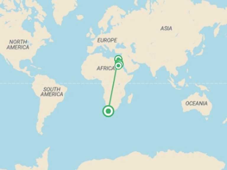Map of South Africa Tour with 6 destination visits for the trip: Egypt Eclipse Adventure 2027 - C