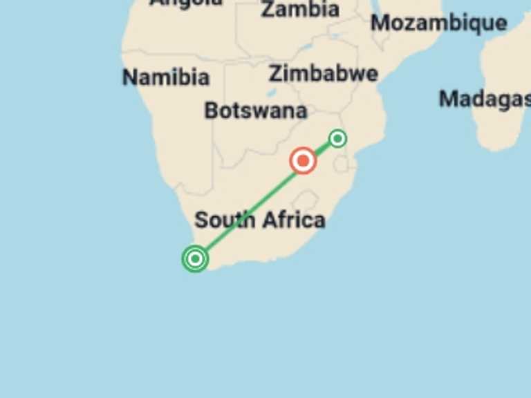 Map itinerary of Cape Town Tour in August 2026 with 4 destination visits for the trip: 7 Day Cape Town & Safari Honeymoon