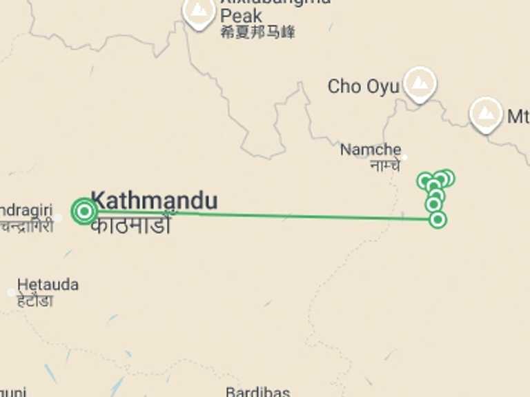 Map itinerary of Nepal Tour in Winter with 8 destination visits for the trip: Everest Treks in Comfort