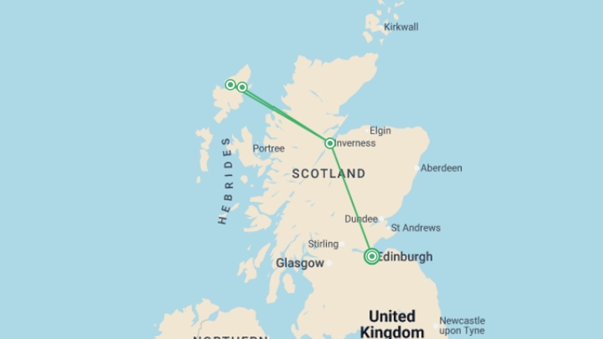 A map showing the tour itinerary for the trip: Escape to the Hebrides - 5 days, starting in Edinburgh, Scotland and ending in Edinburgh, Scotland going through 3 other destinations.