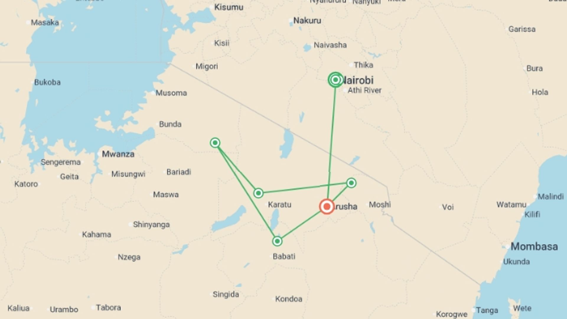 A map showing the tour itinerary for the trip: Kenya & Tanzania 4WD Safari Adventure 10D/9N, starting in Nairobi, Kenya and ending in Arusha, Tanzania going through 4 other destinations.