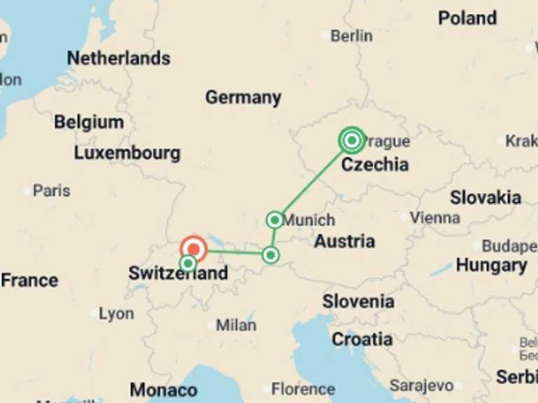 Map of Europe Tour with 3 destination visits for the trip: From Prague to Zurich