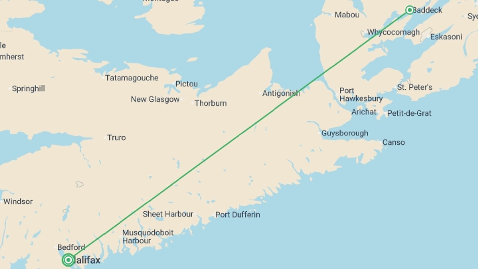A map showing the tour itinerary for the trip: Halifax & Cape Breton Island - 6 days, starting in Halifax, Canada and ending in Halifax, Canada going through 1 other destinations.