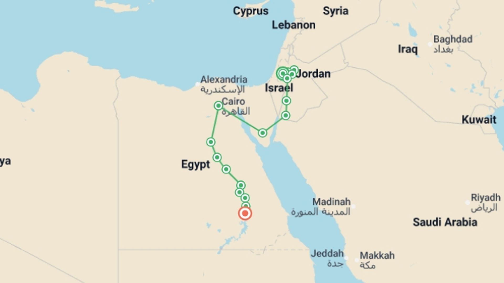 A map showing the tour itinerary for the trip: Contrasts of the East and Essences of Egypt, starting in Jerusalem, Israel and ending in Aswan, Egypt going through 9 other destinations.