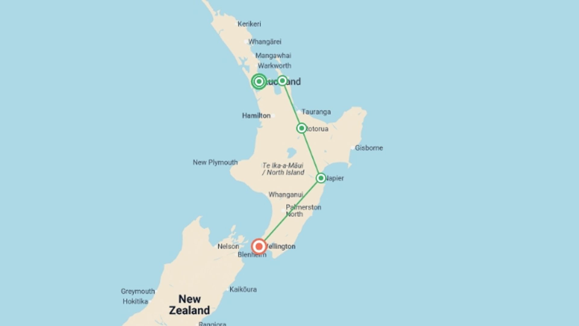 A map showing the tour itinerary for the trip: New Zealand Iconic North Route, starting in Auckland, New Zealand and ending in Wellington, New Zealand going through 3 other destinations.